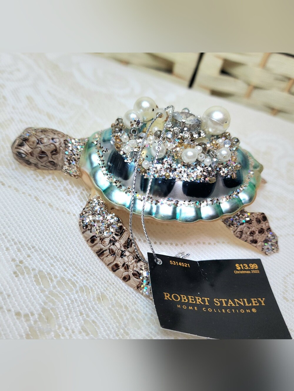 NWT Robert Stanley Glass  Sea Turtle Christmas Ornament Jewels Beads Glitter  5"